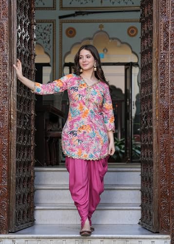 Image of Floral Print Cotton Kurta and Dhoti Set for Women Designer