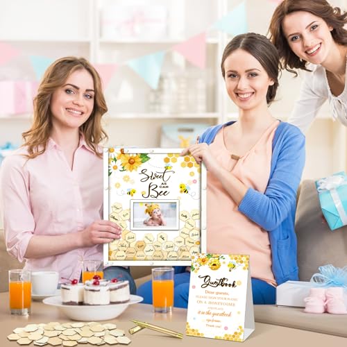 Image of 65 Pcs Sweet As Can Bee Baby Shower Decorations Bee Baby Shower Guest Book Alternatives He or She Gender Reveal Decorations Sign in Guest Book with Picture Frame and 60 Wooden Chip Decors