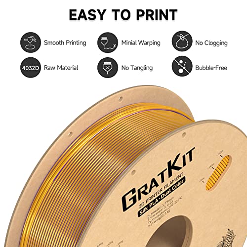 Image of Gratkit Silk Dual Color PLA Filament, 1.75mm, 1KG, Silk PLA Purple & Gold | Bi Color 3D Printer Filament, 2 in 1 Coextrusion PLA, + /-0.03mm, Fit for Most FDM 3D Printers