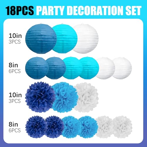 Image of 18 PCS Blue White Paper Lanterns & Tissue Paper Pom Poms for Boyss Birthday, Baby Shower, Wedding, Bridal Shower, Hanging Paper Decor for Indoor Outdoor Events Party Supplies