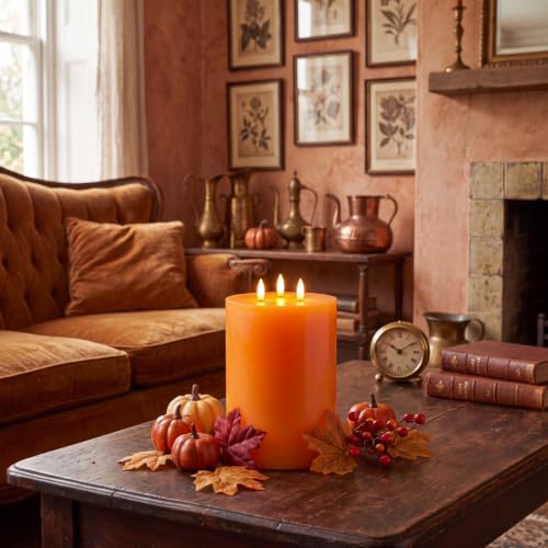 Image of Retisee 1 Pack Extra Large Flameless Candles 6 inch X 8 inch,Classic,Orange | LED Battery Operated, 3 Wicks Flickering Pillar Candle, Fall Thanksgiving Party Decoration