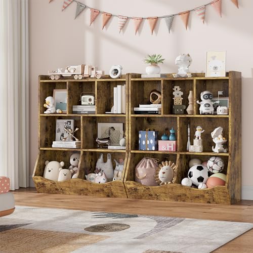 GarveeHome Rustic Brown Toy Storage Cabinet, Three-Tier Kids Bookshelf and Bookcase for Storage Books and Toys, Multi Shelf with Cubby Organizer for Bedroom and Playroom