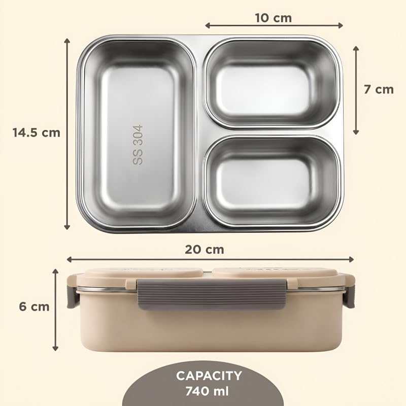 Image of Allo Bento Stainless Steel Lunch Box for Kids- BIS Approved, 304 Stainless Steel 3 Compartment Leakproof Tiffin Box for Boys and Girls for School, Travelling, Baby Snacks, 740ml Beige Panda