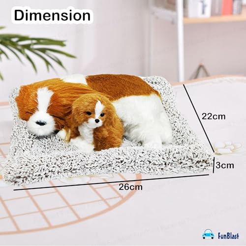 Image of FunBlast Sleeping Cute Dog with Puppy - Realistic Soft & Lifelike Pet Puppy with Bed for Car Dashboard and Home Decor, Sleeping Dog Soft Toy (Brown-White)