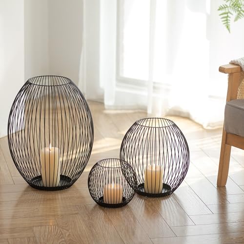 Sziqiqi Windlicht Groß Schwarz Metall: 45/30/15 cm Kerzenhalter Laternen Boden für Stumpenkerzen - Kerzenständer Modern Hoch 3er Set für Home Deko Wohnzimmer Balkon Badezimmer Weihnachten