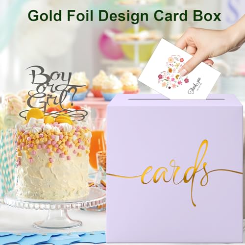 Image of Light Purple Card Box with Gold Foil Design, Paperboard 8.7 inch Card Box for Birthday Wedding Party Graduation Retirement Anniversary Valentine's Day & Baby Showers, Raffle or Money Box