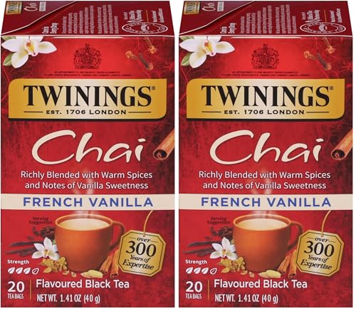 Twinings French Vanilla Chai Black Tea Individually Wrapped Bags, 20 Count (Pack of 2), Warm, Sweet & Spicy, Caffeinated, Enjoy Hot or Iced, 20 Teabags