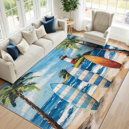6x8 Rug Non Silp - Tropical Rugs for Living Room,Beach Surfboard Palm Tree Surf Coastal Low Pile Machine Washable Area Rugs for Bedroom