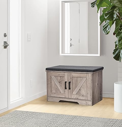 2tierstoragebenchshoebenchwithpaddedseatcushionentrywaybenchwith2barndoorsadjustableshelf138dx276wx177hforentrywaylivingroombedroomgreige  Urban Country Home Decor 2 tier storage bench shoe bench with padded seat cushion entryway bench with 2 barn doors adjustable shelf 138 d x 276 w x 177 h for entryway living room bedroom greige  urban country home decor