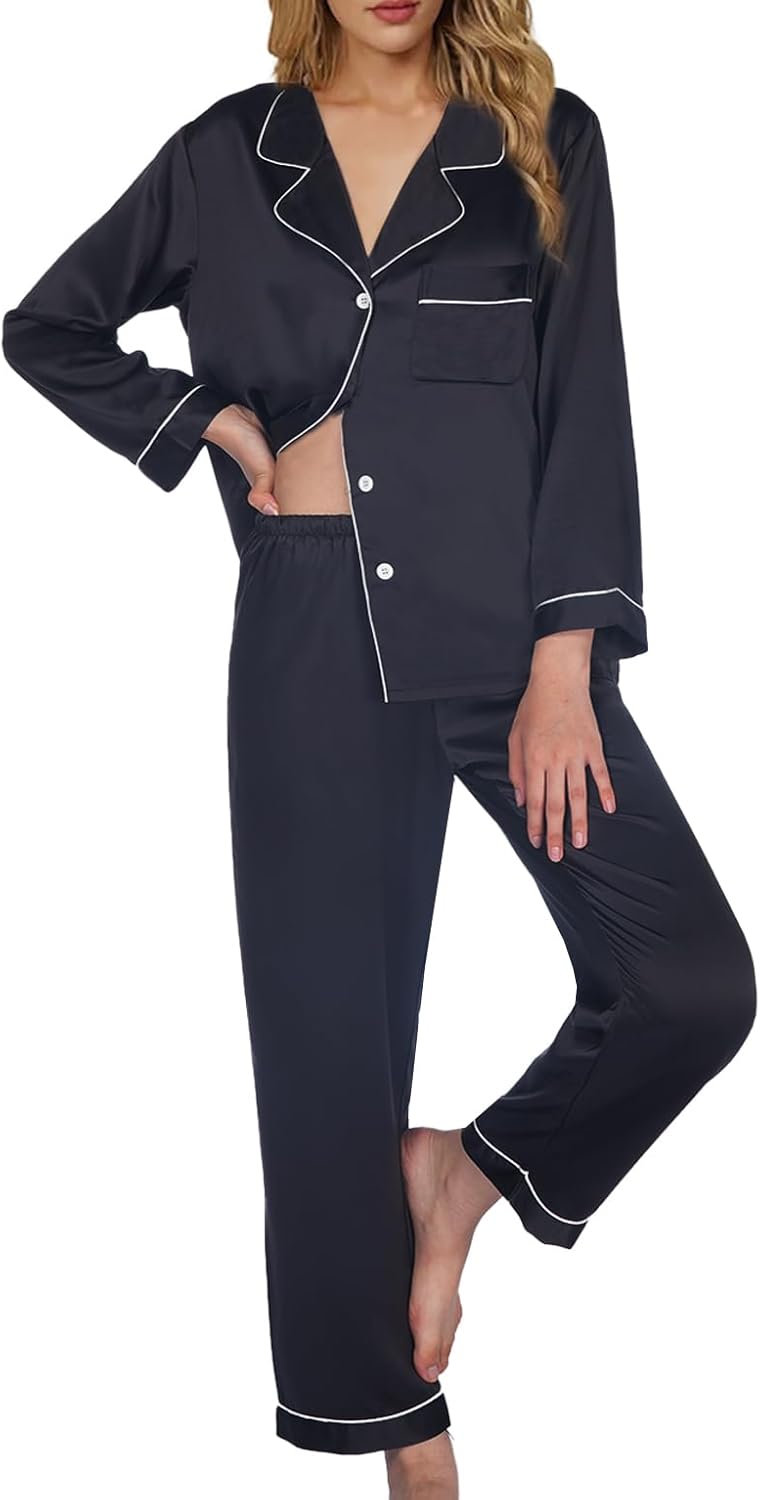 Womens Satin Pajamas Set 2Pcs Silk Pajama Long Sets XS-3XL Silky Long Pj Sets Sleepwear Stripes Pjs Loungewear - Image 2