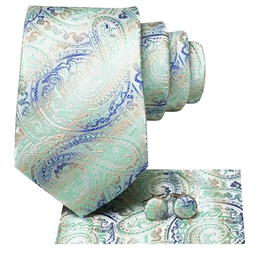 Image of Hi-Tie Paisley Floral Ties Set for Men Silk Mens Stripes Necktie Pocket Square Cufflinks Set Formal Business