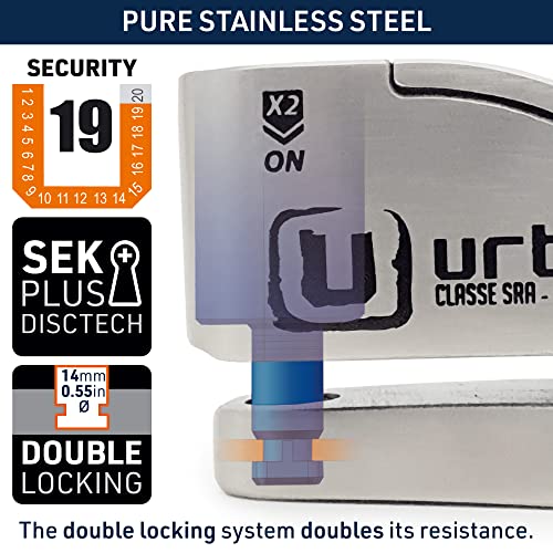 Image of URBAN UR14S Approved Motorcycle Disc Lock with Smart Alarm | 120dB, LED, Warning, A+ Sensitivity, X2 ON | SRA & Sold Secure Gold Tested Anti-Theft for Motorbike | 14mm Double Locking, Stainless Steel
