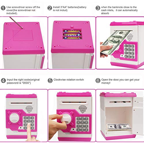 Setibre Piggy Bank, Electronic ATM Password Cash Coin Can Auto Scroll Paper Money Saving Box Toy Gift for Kids (White Pink) - Thumbnail 6