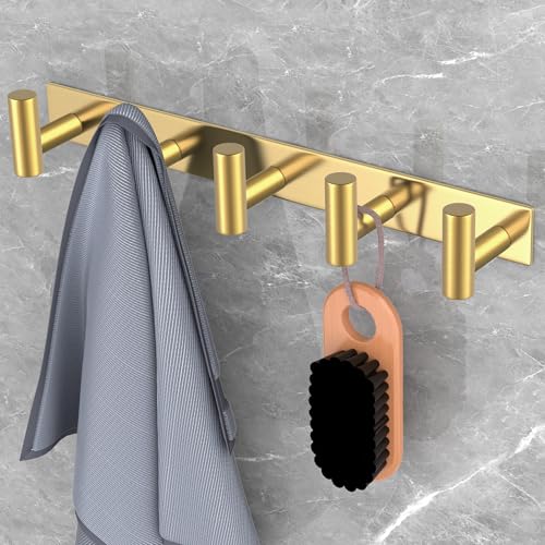 Image of PMMASTO Coat Rack Wall Mounted, 5 inchT Shaped Wall Hooks for Hanging, Heavy Duty Stainless Steel Coat Hook Rail for Hat Towel Robes in Bathroom Kitchen Mudroom Entryway (Gold, 2 Pack)
