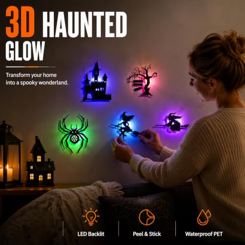 Image of Halloween LED Wall Decor Lights 3D Bat Witch Stickers Window Clings (X2)