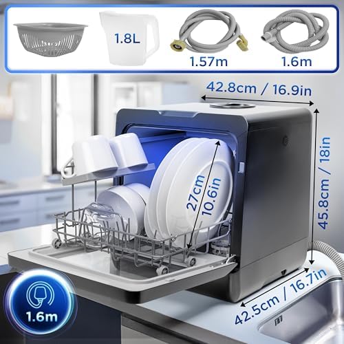 Table Top Dishwasher with 8 Programs, 950W Portable Mini Countertop Dishwasher, No Plumbing, 5L Tank or Mains, 3 Place Settings, Fruit Wash, Eco, Child Lock, Delay Start, LED, Black - Image 2