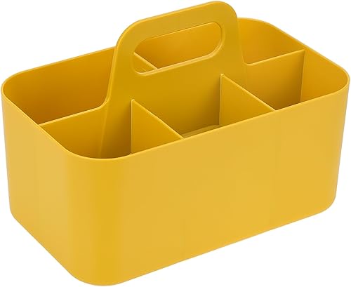 QUEFE Organizador de plástico multiusos, caja de almacenamiento portátil rectangular amarilla con asa, diseño apilable adecuado para suministros de