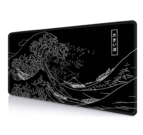 IMAYONDIA Japanese Great Wave Large Mouse Pad (35.4x15.7 in), Black Gaming Mouse Pad Anime XXL, Extended Kanagawa Mouse Mat Desk Pad, Non-Slip Rubber Base Long Computer Mice Pad