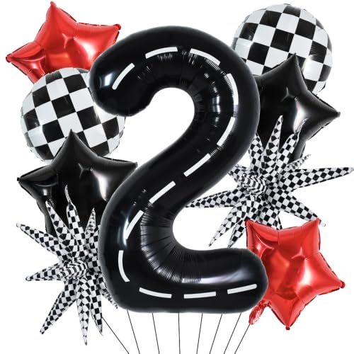 Image of TONIFUL Race Car Party Balloons Set - 40 Inch Racetrack Number 2 Foil Balloon with Checkered & Star Balloons for Boys 2nd Birthday Car Themed Decorations, Baby Shower Photo Backdrop Supplies