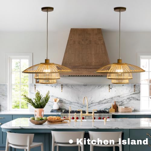 Image of Pendant Light, Bamboo Boho Hanging Light with Adjustable Height | For Kitchen Islands, Dining Rooms, Bedrooms, Entryways, 20'' Handwoven Lampshade, E26 Socket (Bulb Included)
