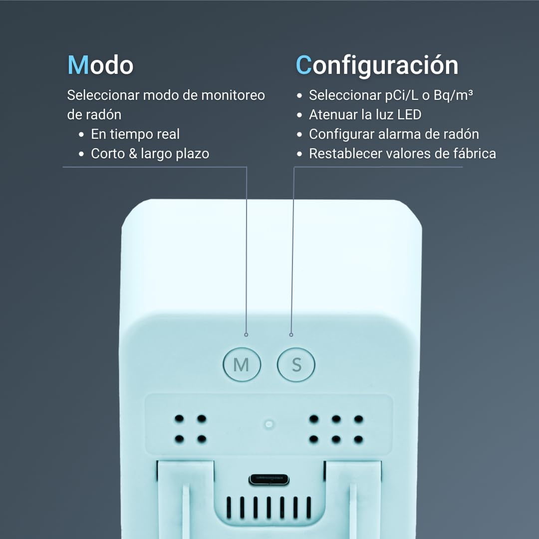 Ecosense EB100 EcoBlu, Detector de radón doméstico, captura y visualización de resultados cada 10 minutos, monitoreo continuo a corto y largo plazo, fácil de usar