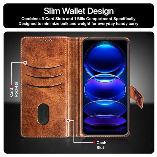 Image of WOW IMAGINE Shock Proof Hand Stitched Luxury Premium Flip Cover Case for Xiaomi Redmi Note 12 Pro 5G (Flexible | Leather Finish | Card Pockets Wallet & Stand | Tanned Brown)