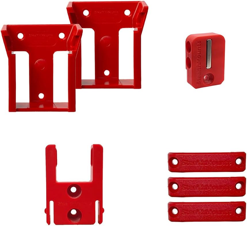 StealthMounts DIY Pack Compatible with Milwaukee M18 – 2 Battery Mounts, 1 Tool Mount & 1 Stubby Bit Holder | Red | Wall Mount Storage Organiser for Power Tool Batteries, Drill, Impact & Accessories