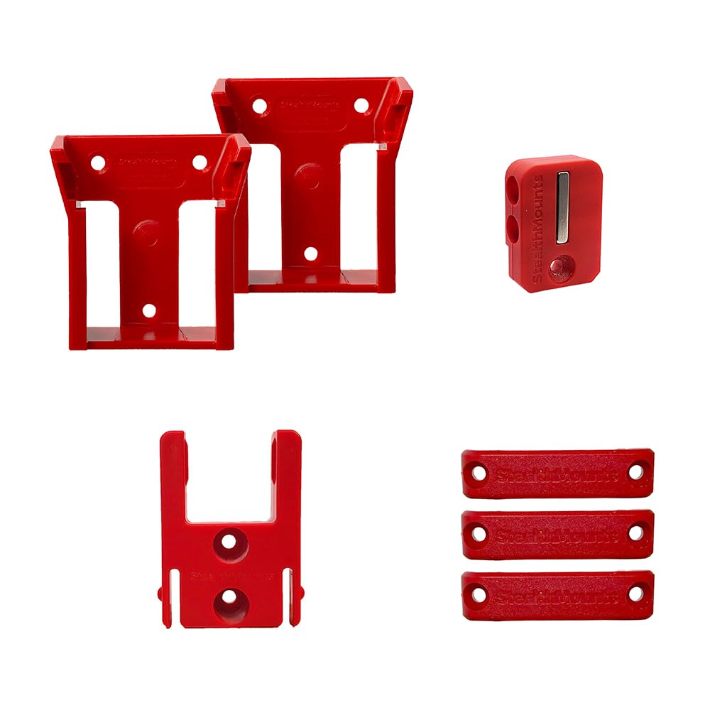 StealthMounts Kit de bricolage compatible avec Milwaukee M18 – 2 supports de batterie, 1 support d'outils et 1 porte-embout court | Rouge | Organiseur de rangement mural pour batteries d'outils