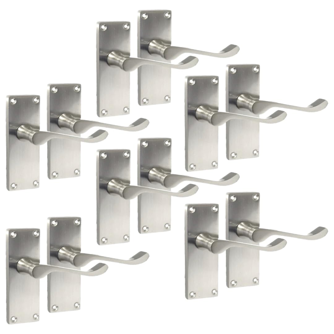 Epsom Door Handle Victorian Scroll Satin Nickel Lever Set – Backplate Design 118mm x 42mm – Includes Tubular Latch – 6 Pairs