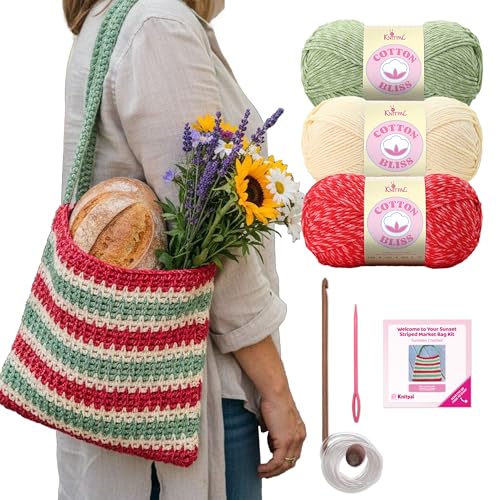 KnitPal Sunset Striped Market Bag Tunisian Crochet Kit for Confident Beginners – Make a Reusable Market Tote – with Cotton Bliss Yarn, Tunisian Crochet Hook, Pattern & Video Tutorials