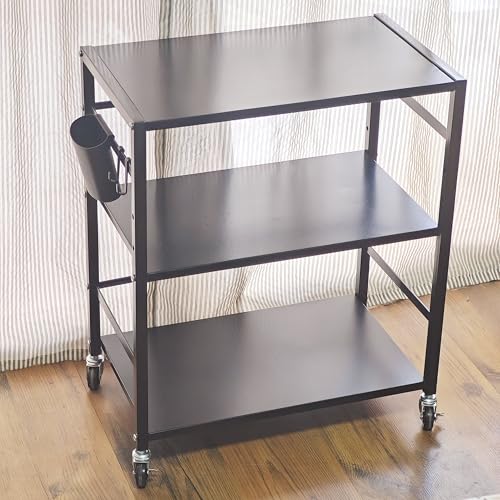 Secchuu スチールラック3段 デスクターナ 幅50x奥行30x高さ64cm レンジラック デスク下収納 本体4.7kg 耐荷重45kg キャスター付き 棚 PS5横置きラック スタンド 収納ワゴン プリンター台 サイド収納 ストッパー付きキャスター 棚板１枚耐荷重15KG 中段棚板高さ3段階調節可能 (Steel rack-3131 Black, 3段)