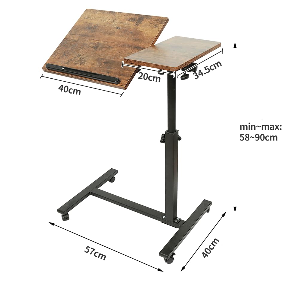 SDdPulse Braun - Escritorio móvil para computadora con 4 ruedas de altura ajustable, para el hogar, oficina, escuela, 61 x 44 x 65/95 cm, color negro, versátil y portátil, 60 x 34,5 x 58/90 cm