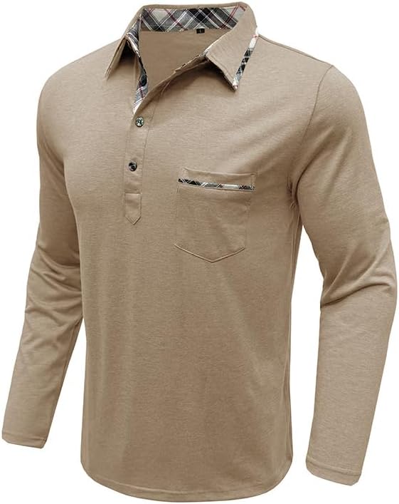 Mens Long Sleeve Polo Shirts Casual Button Moisture Cotton Tees Stylish Tops Golf Shirts with Pocket - Image 3