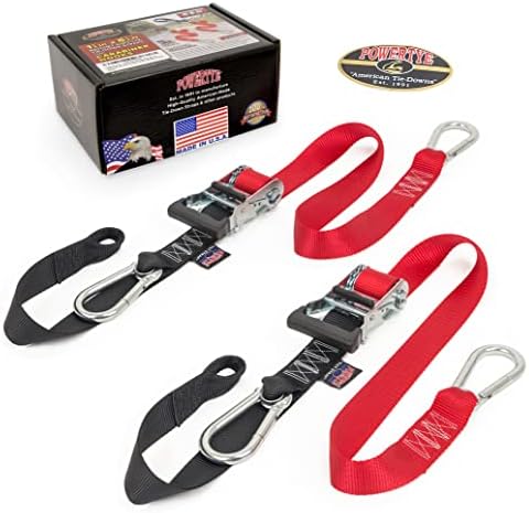 PowerTye 1.5in x 6.5ft Heavy Duty Ratchet Tie-Down Straps with Soft-Tye and Carabiner Hooks - 1,000 lb Working Load Limit / 3,000 lb Breaking Strength - Made in USA - Red/Black Pair