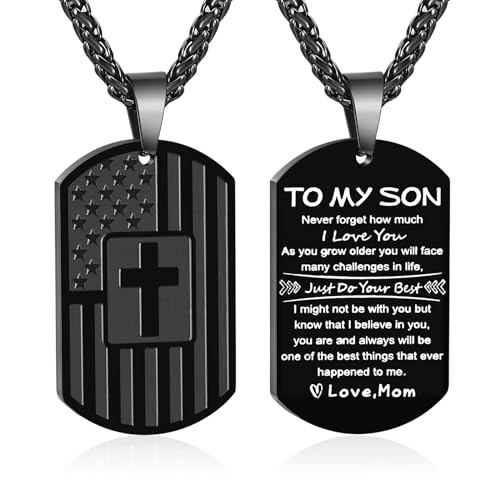 Zocomi To My Son Gifts from Mom Mother Dog Tag Cross Necklace America Flag Pendant Chain Jewelry Mothers Day Birthday Presents Gifts Kids Boys Ages Black Christmas Valentines Day Gifts