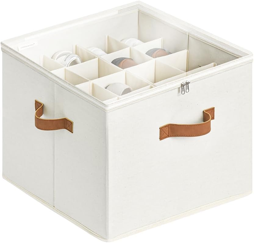 StorageWorks Shoe Organiser for Closet, Fits up to 16 Pairs, Fabric Shoe Organiser Box, Shoe Storage Organiser with Adjustable Dividers and Clear Cover, Wardrobe Shoe Storage Containers, Beige