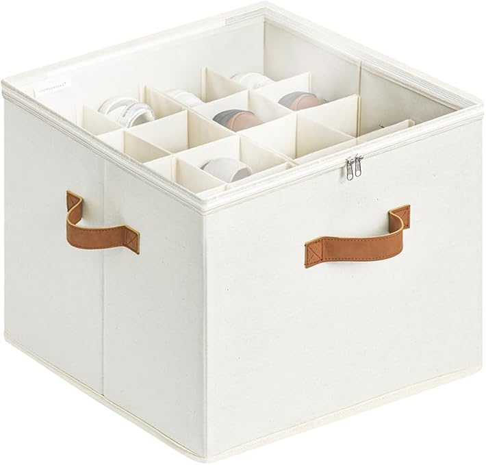 StorageWorks Shoe Organizer for Closet, Fits up to 16 Pairs, Shoe Cubby Storage Containers with Adjustable Dividers and Clear Cover, Beige