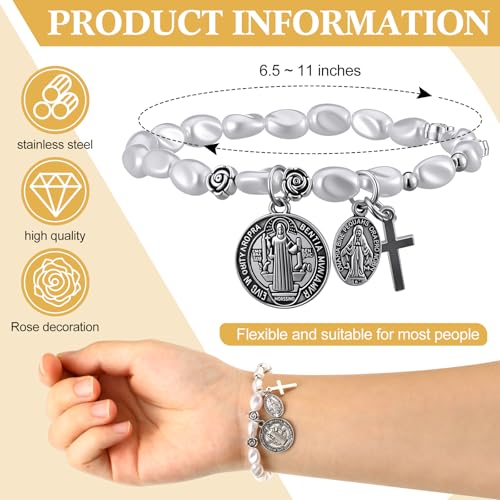 Quelay 2 Pcs Saint Benedict Medal Bracelets with Natural Pearls Adjustable Catholic Rosary Bracelet for Women Saint Benedict Medal Gifts Medalla Recuerdos De Bautizo Para Baroque Women Jewelry Gifts2