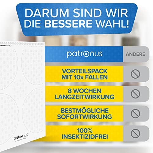 Patronus Lebensmittelmotten-Falle [10 Stück Vorteilspack] - Mottenfalle gegen Lebensmittel-Motten mit maximaler Lockwirkung - Pheromonfalle mit Hochleistungs-Leim zur Befallsermittlung