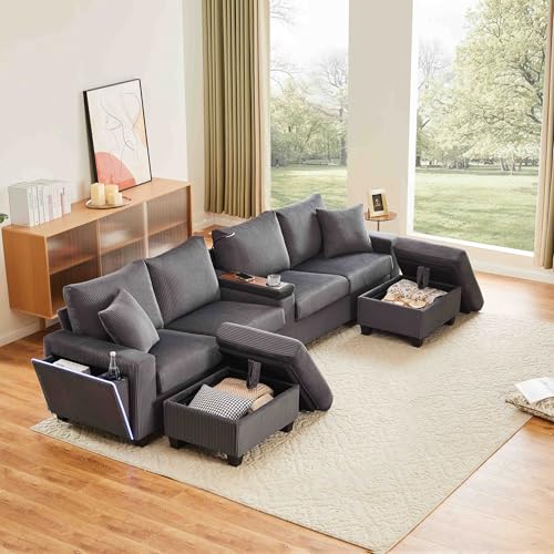 Canapé Convertible 4 Places en U avec LED USB C et étagère Rabattable, Canapé d'angle Convertible en Velours Côtelé avec 2 Repose-Pieds de Rangement et...