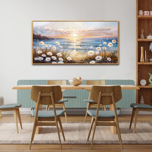 PHAOHUAXM Large Wall Art For Living Room Canvas Wall Decor For Office Bedroom Decorations Blue Ocean Landscape Wall Pictures Artwork Modern Beach Posters Aesthetic Home Decor Wood Framed 24"x48"