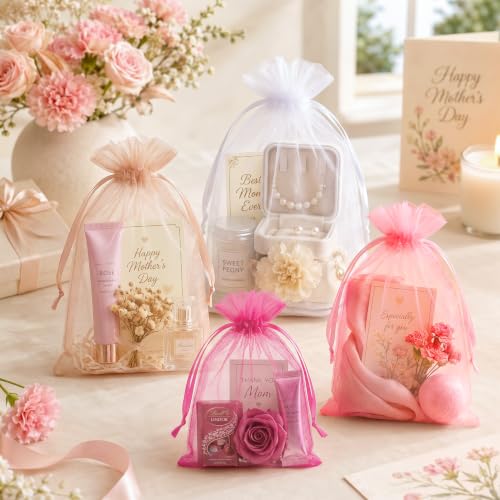Image of FUNFERY 100PCS White Organza Gift Bags 5x7in,Drawstring Pouch for Jewelry