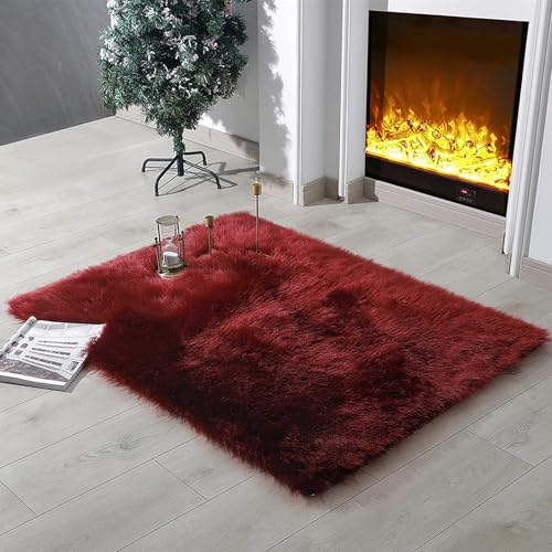 Image of linmopm Super Soft Fluffy Faux Fur Sheepskin Rugs Bedroom Floor Sofa Living Room Runner High-Density Cushion Plush Carpet Sofa Cover Bedside Rugs (Red, 3x4 ft Rectangle)