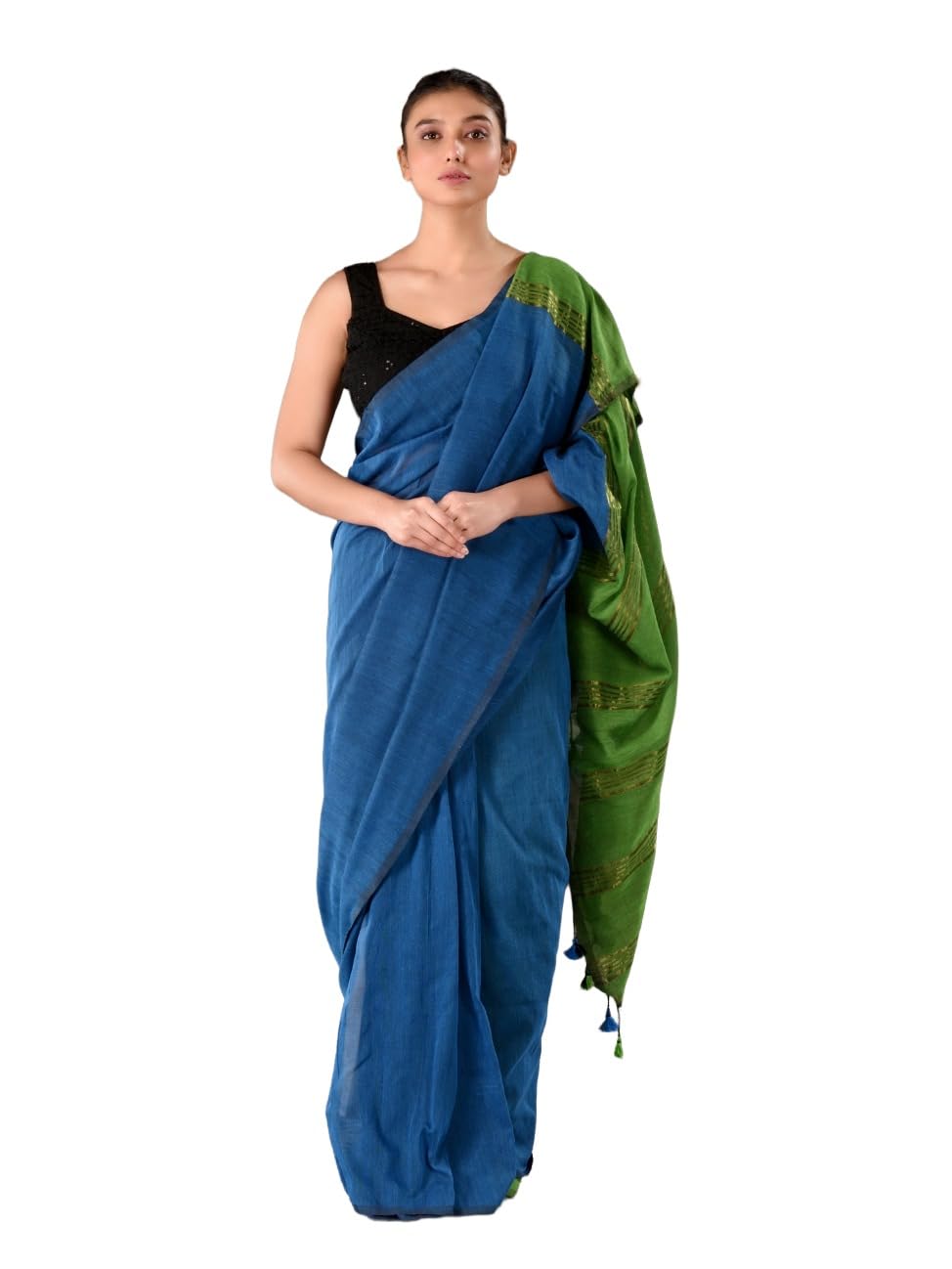 Blue & Green Handloom Pure Cotton Saree-image-34