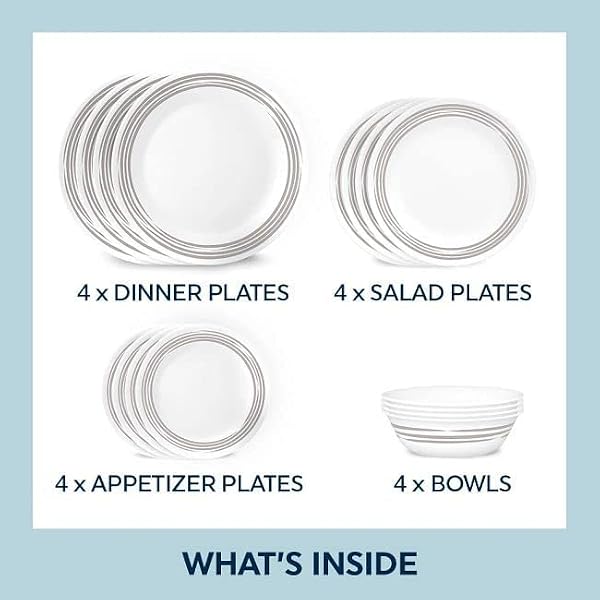 Corelle Brushed Silver 16pc, Service for 4, Dinnerware Set, 12 plates 4 bowls, Chip & Break Resistant, Dinner Plates and Dinner Bowls, Corelleware Plates by Corelle - Image 2