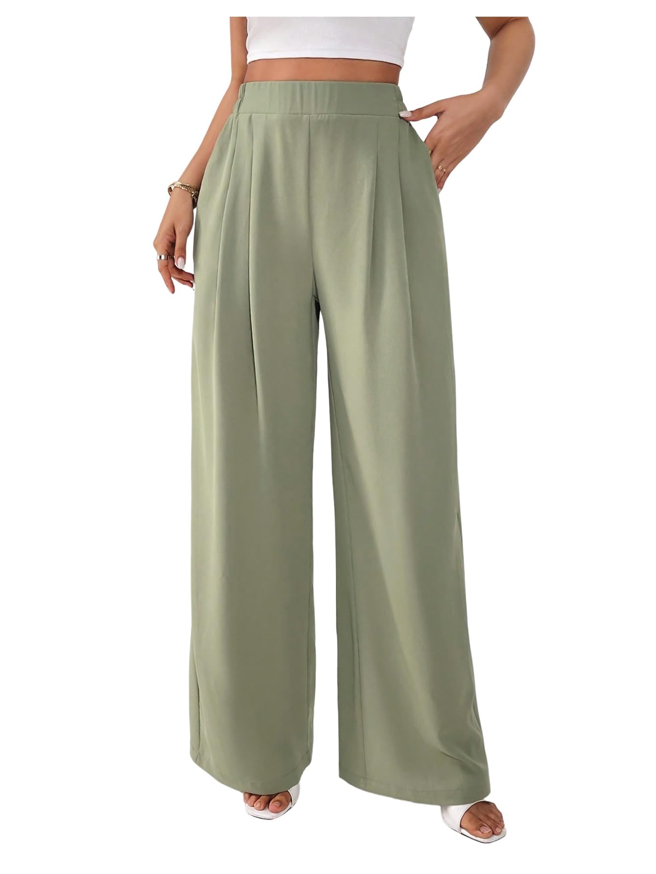 SOLY HUX Womens Elegant Dress Pants Elastic Waist Wide Leg Office Work Casual Trousers