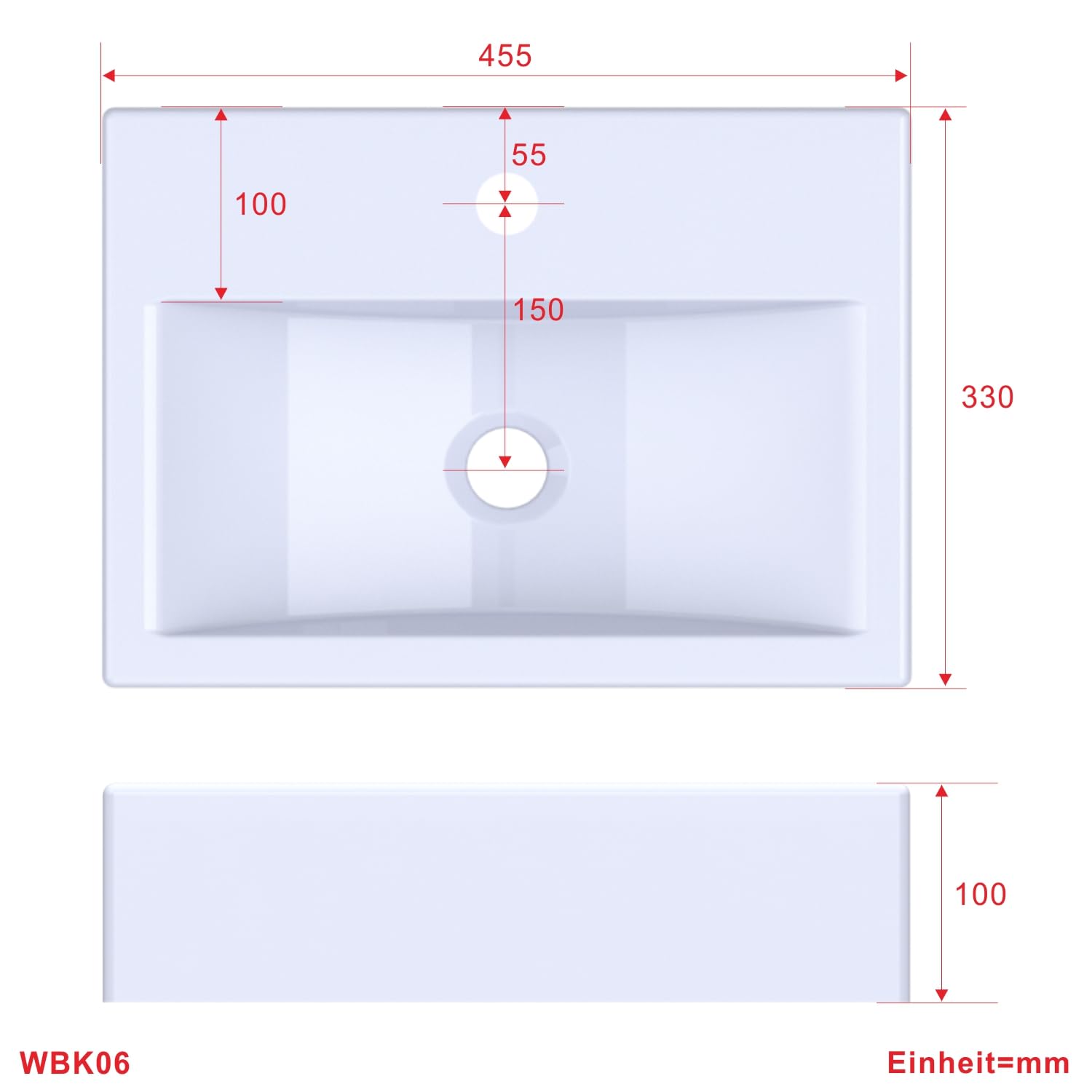 Lavabo rectangular de cerámica, 45 x 33 cm, para lavabo, lavamanos, blanco con agujero para grifo, sin rebosadero, sin grifo, sin válvula de desagüe