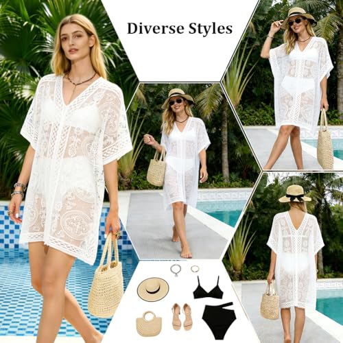 DiULi BikiniCover Up, Damen Strandkleid V- Ausschnitt Beachwear, Sommer Spitze Bikini Cover Up, Transparent Häkel- Strandkleid für Urlaub, Pool, Strand und Party, Weiß-7