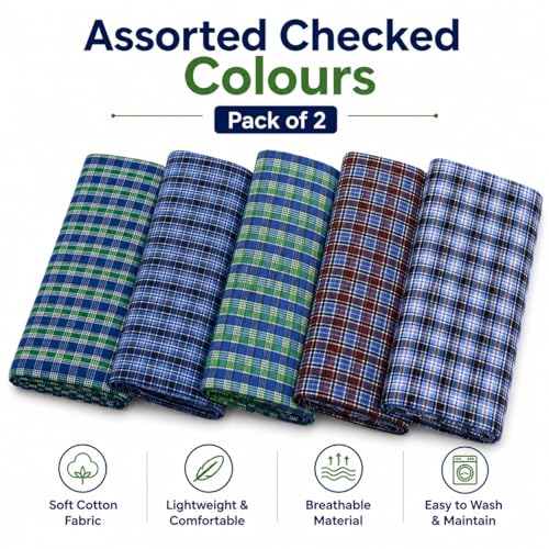 Image of Premium Cotton Lungi for Men, 2 Meter, Multicolor Checked Pattern, Soft Comfortable Fabric, Pack of 2