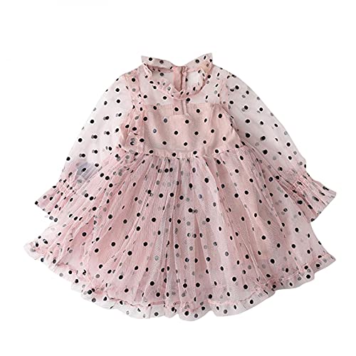 Kiorc Toddler Girl Fall Dress for Party Baby Girls Long Sleeve Layered Gauze Ruffled Polka Dot Dresses Pink